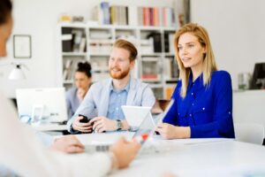 Successful business partners brainstormin