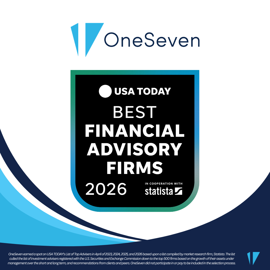 USA Today logo with text: "Best Financial Advisory Firms 2025 – OneSeven, 6th National, 1st in Ohio"